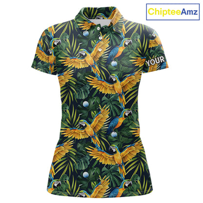 Womens Golf Polo Shirt Custom Colorful Parrots And Floral Tropical Pattern Team Golf Shirts, Golf Gift NHN0092