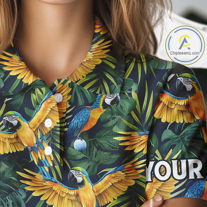 Womens Golf Polo Shirt Custom Colorful Parrots And Floral Tropical Pattern Team Golf Shirts, Golf Gift NHN0092