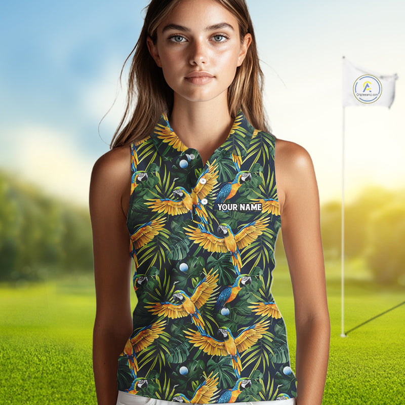 Womens Sleeveless Golf Polo Shirt Custom Colorful Parrots And Floral Tropical Pattern Team Golf Shirts NHN0092