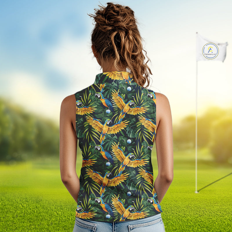 Womens Sleeveless Golf Polo Shirt Custom Colorful Parrots And Floral Tropical Pattern Team Golf Shirts NHN0092
