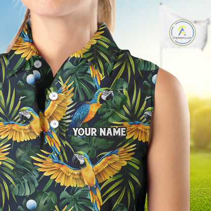 Womens Sleeveless Golf Polo Shirt Custom Colorful Parrots And Floral Tropical Pattern Team Golf Shirts NHN0092