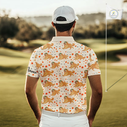 Golden Retriever Mens Golf Polo Shirt Custom Autumn Leaves Pattern Funny Golf Tops, Dog Lover Gift NHN0224
