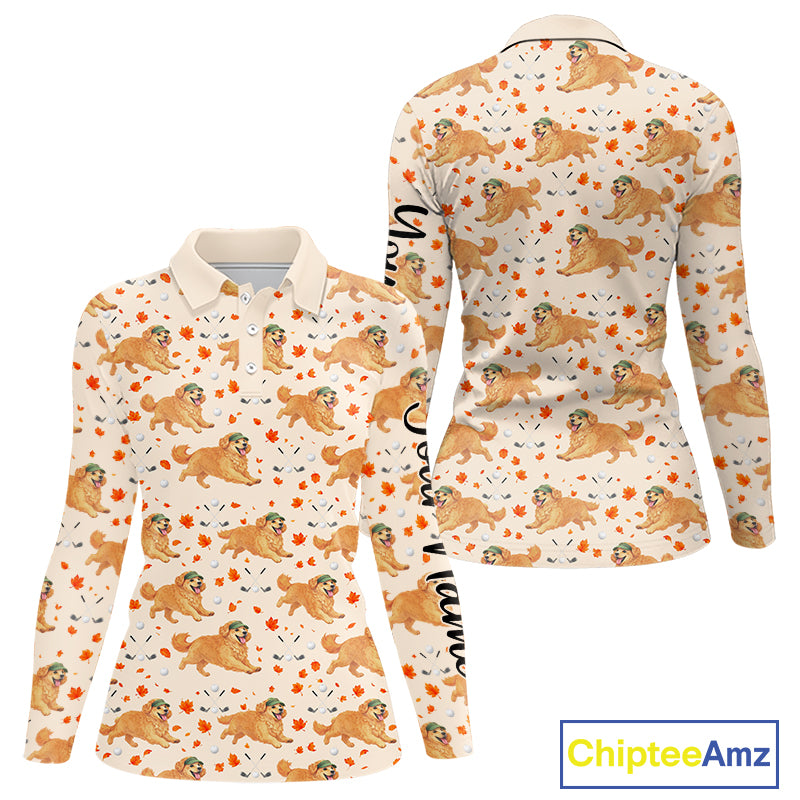 Golden Retriever Womens Long Sleeve Golf Polo Shirt Autumn Leaves Funny Golf Tops, Dog Lover Gift NHN0224