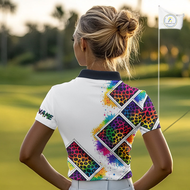 Womens Golf Polo Shirt Colorful Rainbow Leopard Print Pattern Custom Team Ladies Golf Tops NHN0227