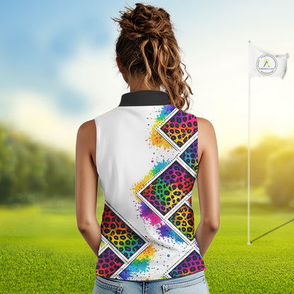 Womens Sleeveless Golf Polo Shirt Colorful Rainbow Leopard Print Pattern Custom Team Golf Tops NHN0227