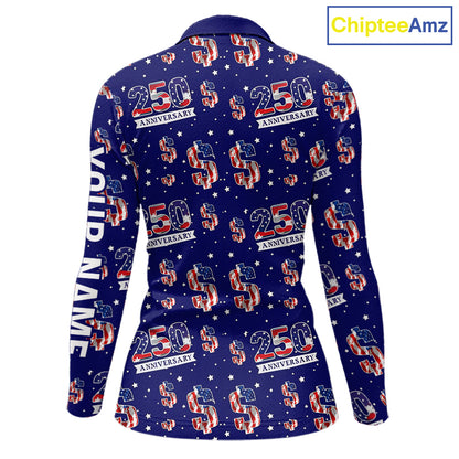 USA 250th Anniversary Womens Long Sleeve Golf Polo Shirt Custom Patriotic American Flag Team Golf Tops NHN0235