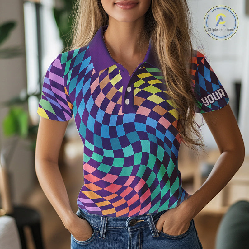 Womens Golf Polo Shirt Custom Checkerboard Argyle Pattern Golf Shirts For Ladies, Golf Gifts NHN0123