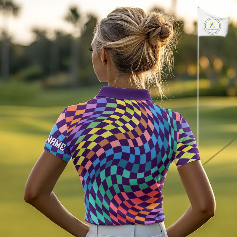 Womens Golf Polo Shirt Custom Checkerboard Argyle Pattern Golf Shirts For Ladies, Golf Gifts NHN0123