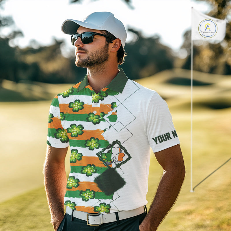 Mens Golf Polos Shirts Custom Green Clover St Patricks Day Pattern Ireland Flag Golf Top Shirt NHN0139