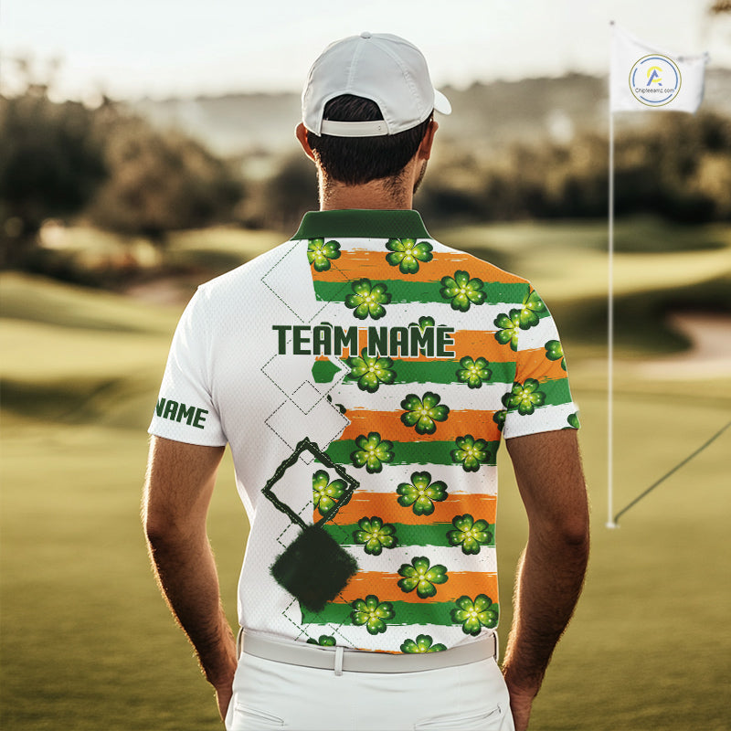 Mens Golf Polos Shirts Custom Green Clover St Patricks Day Pattern Ireland Flag Golf Top Shirt NHN0139
