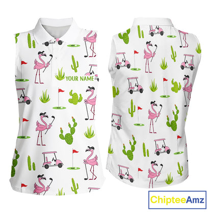 Flamingo Cactus Desert Pattern Womens Sleeveless Golf Polo Shirt Custom Cactus Golf Shirt NHN0150