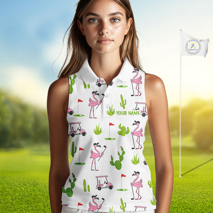 Flamingo Cactus Desert Pattern Womens Sleeveless Golf Polo Shirt Custom Cactus Golf Shirt NHN0150