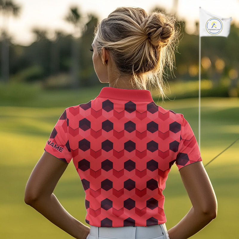 Plaid Womens Golf Polo Shirt Custom Abstract Red Hexagon Pattern Golf Shirts For Ladies NHN0156