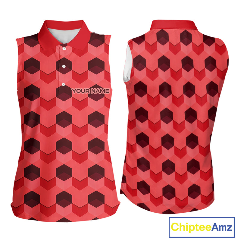Plaid Womens Sleeveless Golf Polo Shirt Custom Abstract Red Hexagon Pattern Golf Shirts NHN0156