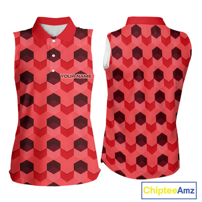 Plaid Womens Sleeveless Golf Polo Shirt Custom Abstract Red Hexagon Pattern Golf Shirts NHN0156