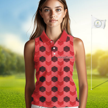 Plaid Womens Sleeveless Golf Polo Shirt Custom Abstract Red Hexagon Pattern Golf Shirts NHN0156