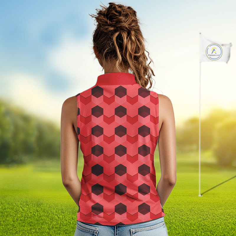 Plaid Womens Sleeveless Golf Polo Shirt Custom Abstract Red Hexagon Pattern Golf Shirts NHN0156