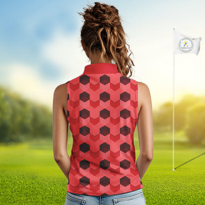 Plaid Womens Sleeveless Golf Polo Shirt Custom Abstract Red Hexagon Pattern Golf Shirts NHN0156