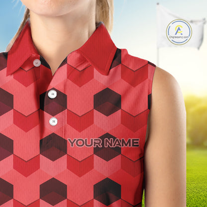 Plaid Womens Sleeveless Golf Polo Shirt Custom Abstract Red Hexagon Pattern Golf Shirts NHN0156