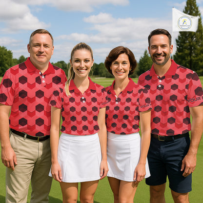 Plaid Mens Golf Polo Shirt Custom Abstract Red Hexagon Pattern Golf Shirts For Men NHN0156