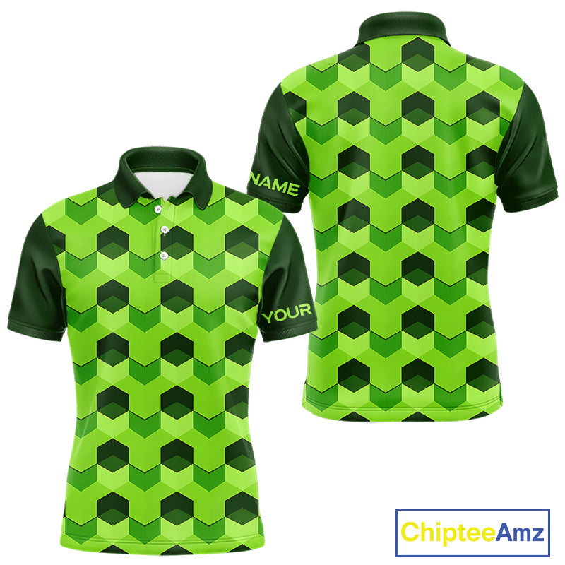 Plaid Mens Golf Polo Shirt Custom Abstract Green Hexagon Pattern Golf Shirts For Men NHN0156