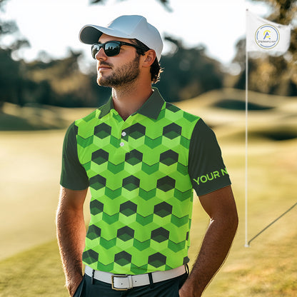 Plaid Mens Golf Polo Shirt Custom Abstract Green Hexagon Pattern Golf Shirts For Men NHN0156