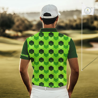 Plaid Mens Golf Polo Shirt Custom Abstract Green Hexagon Pattern Golf Shirts For Men NHN0156
