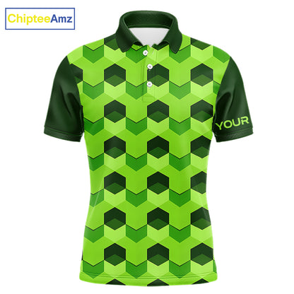Plaid Mens Golf Polo Shirt Custom Abstract Green Hexagon Pattern Golf Shirts For Men NHN0156