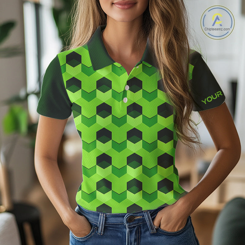 Plaid Womens Golf Polo Shirt Custom Abstract Green Hexagon Pattern Golf Shirts For Ladies NHN0156