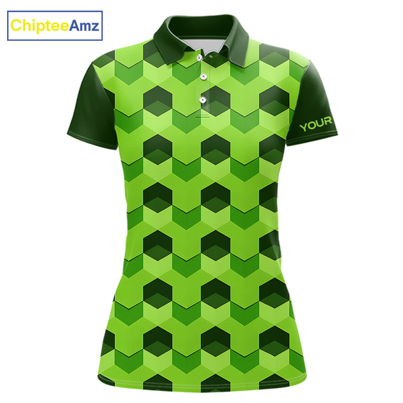Plaid Womens Golf Polo Shirt Custom Abstract Green Hexagon Pattern Golf Shirts For Ladies NHN0156