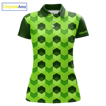 Plaid Womens Golf Polo Shirt Custom Abstract Green Hexagon Pattern Golf Shirts For Ladies NHN0156