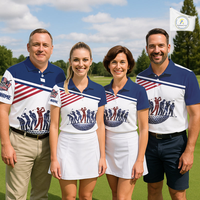 Mens Golf Polo Shirt Custom 250th Anniversary American Flag Skull Golf Shirt, Group Golf Gift NHN0143