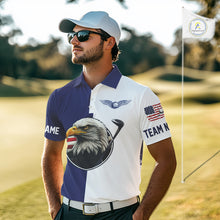 Load image into Gallery viewer, American Flag Eagle Mens Golf Polo Shirts Custom Patriotic Eagle Blue &amp; White Golf Attire For Men NHN0041