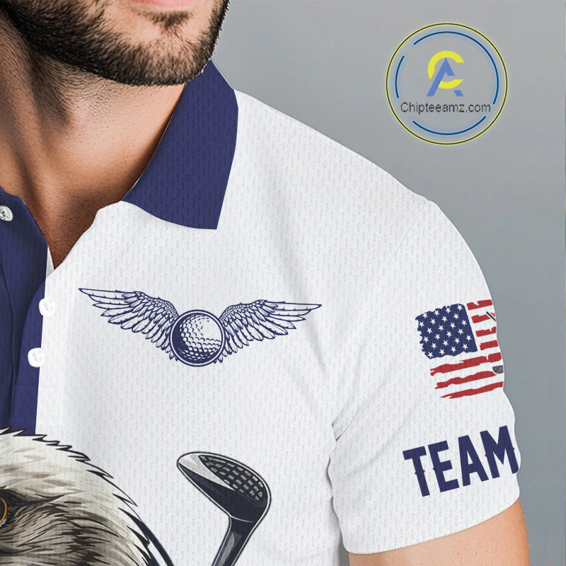 American Flag Eagle Mens Golf Polo Shirts Custom Patriotic Eagle Blue & White Golf Attire For Men NHN0041