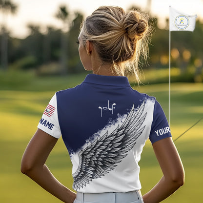American Flag Eagle Womens Golf Polo Shirts Custom Patriotic Eagle Golf Attire For Women Blue & White NHN0041
