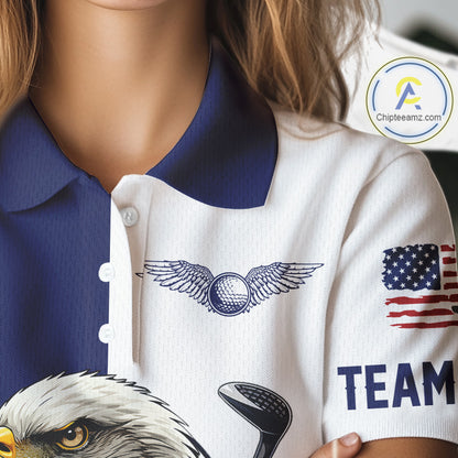American Flag Eagle Womens Golf Polo Shirts Custom Patriotic Eagle Golf Attire For Women Blue & White NHN0041