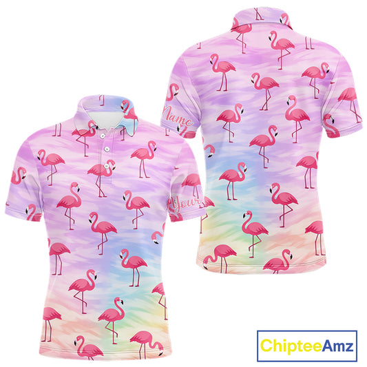 Violet Pastel Mens Golf Polo Shirts Custom Funny Flamingo Pattern Team Golf Tops For Men, Golf Gifts NHN0174