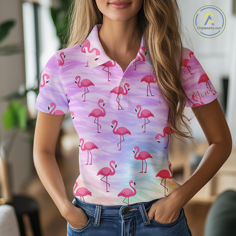 Violet Pastel Womens Golf Polo Shirts Custom Funny Flamingo Pattern Team Ladies Golf Tops, Golf Gift NHN0174