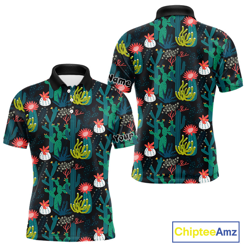 Funny Desert Cactus Pattern Mens Golf Polo Shirts Custom Cactus Golf Shirt For Men, Golfer Gift NHN0186