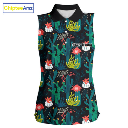 Funny Desert Cactus Pattern Womens Sleeveless Golf Polo Shirts Custom Cactus Golf Shirt For Ladies NHN0186