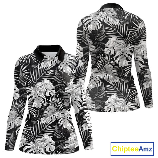 Womens Long Sleeve Golf Polo Shirt Retro Floral Pattern Tropical Leaves Custom Team Golf Shirt NHN0190