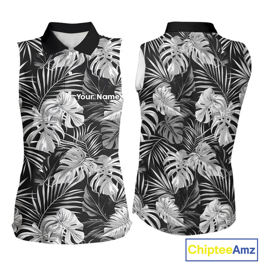 Womens Sleeveless Golf Polo Shirt Retro Floral Pattern Tropical Leaves Custom Team Golf Shirt NHN0190