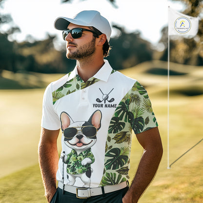 Green Tropical Pattern Mens Golf Polo Shirts Custom Cute Bulldog Golf Tops, White Golf Outfit For Men NHN0067