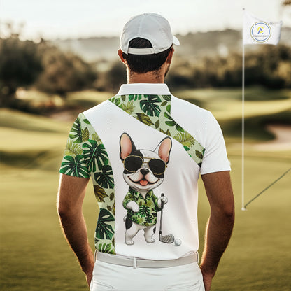 Green Tropical Pattern Mens Golf Polo Shirts Custom Cute Bulldog Golf Tops, White Golf Outfit For Men NHN0067