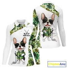 Load image into Gallery viewer, Green Tropical Long Sleeve Golf Polo Shirt For Women Custom Cute Bulldog Golf Tops, White Golf Outfit NHN0067