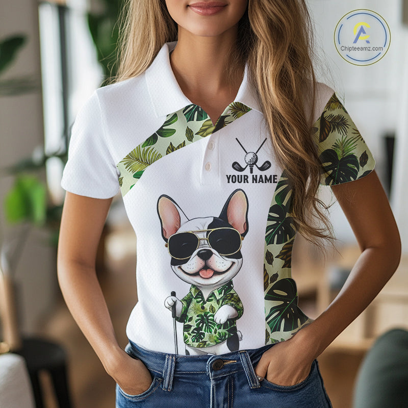 Green Tropical Pattern Womens Golf Polo Shirts Custom Cute Bulldog Golf Tops, White Ladies Golf Outfit NHN0067