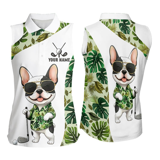 Green Tropical Womens Sleeveless Golf Polo Shirt Custom Cute Bulldog Golf Tops, White Golf Outfit NHN0067
