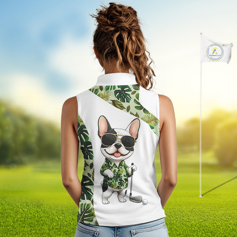 Green Tropical Womens Sleeveless Golf Polo Shirt Custom Cute Bulldog Golf Tops, White Golf Outfit NHN0067