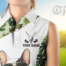 Load image into Gallery viewer, Green Tropical Womens Sleeveless Golf Polo Shirt Custom Cute Bulldog Golf Tops, White Golf Outfit NHN0067