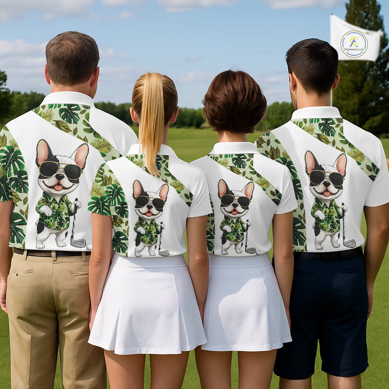 Green Tropical Pattern Womens Golf Polo Shirts Custom Cute Bulldog Golf Tops, White Ladies Golf Outfit NHN0067